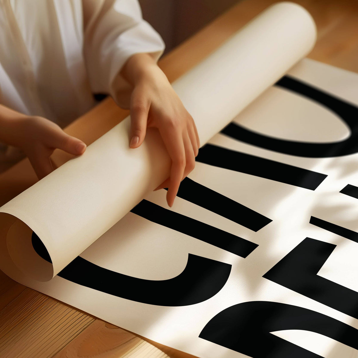 Print held in hands showing minimalist black ciao bello text on a white background rolled on a wooden surface