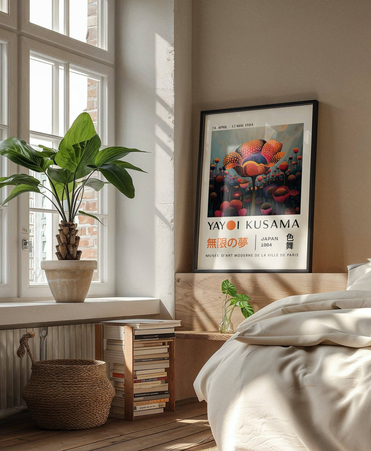 Colourful Flower Prints print leaning on a wooden headboard with a green plant and wicker basket nearby in a bright bedroom
