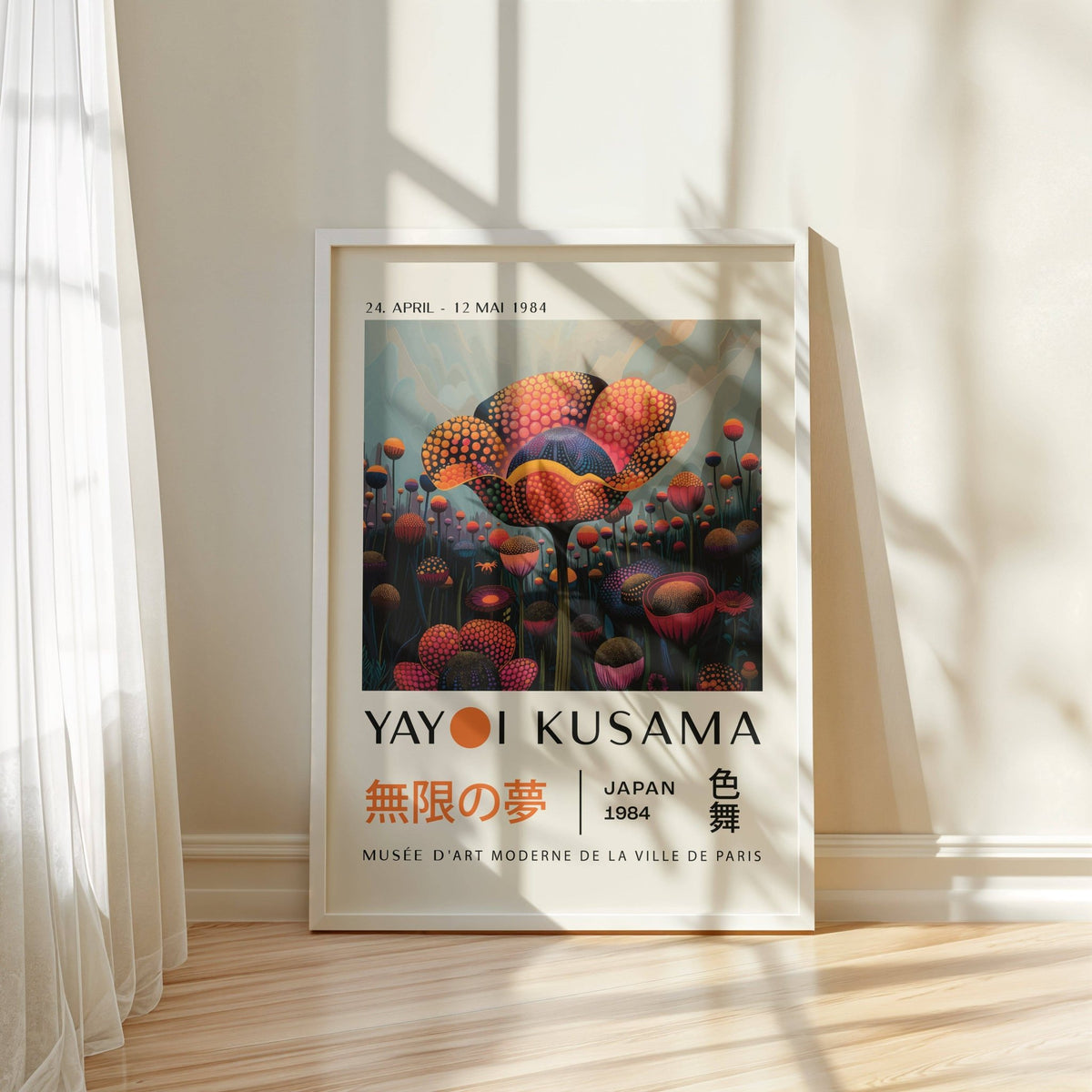 Colourful Flower Prints leaning print with bold orange and purple dotted flowers and Japanese text