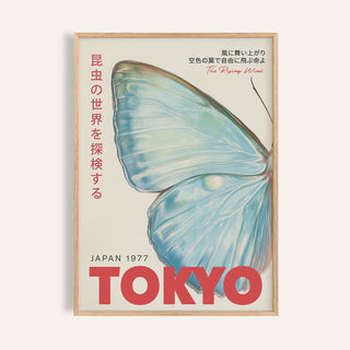 Framed Japanese wall art of a blue butterfly wing with red text on a cream background