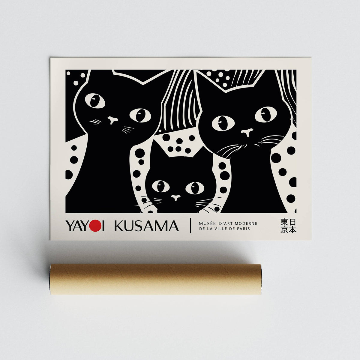 Black Cat Wall Art print with three black cats in minimalist style with packaging tube below
