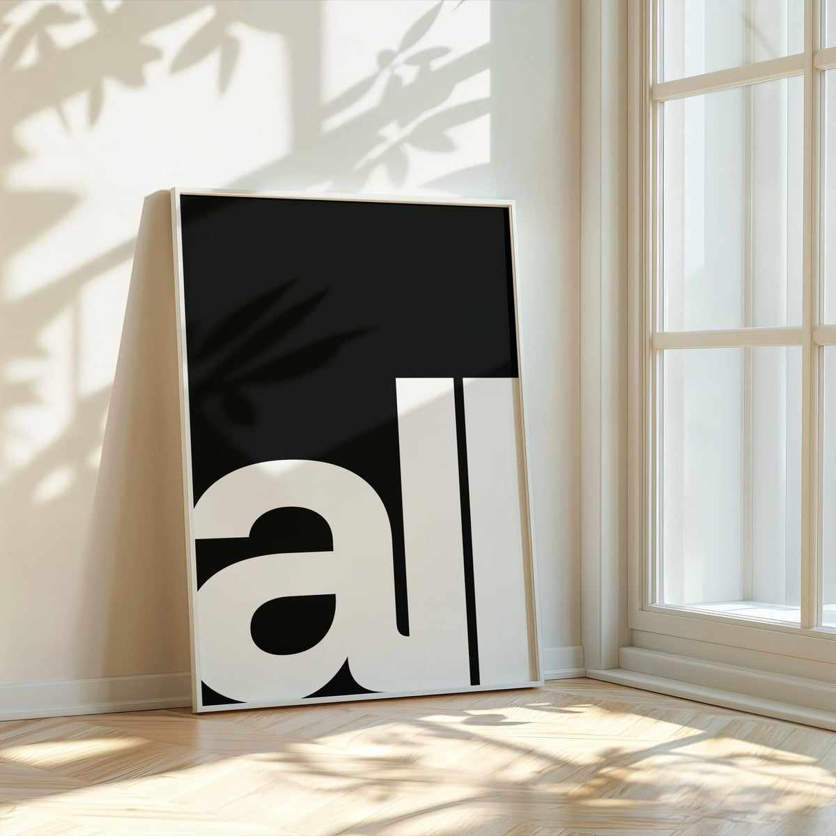 Typography Art Prints leaning print with large white text on black and shadow of leaves by a window