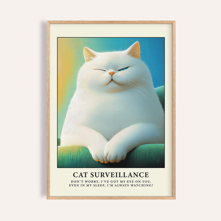 Framed print close-up of Cat Lover Gift showing a white cat winking with green and blue background