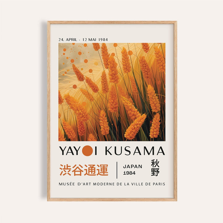 Autumnal wall art showing an illustration of golden wheat plants with orange discs in a minimalist style