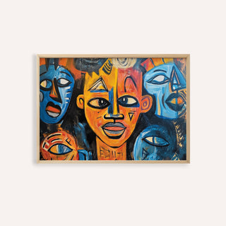 Abstract African wall art with bright orange and blue tribal faces in a wooden frame