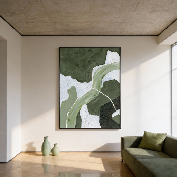Abstract green art print in a minimalist room with two green vases on the floor