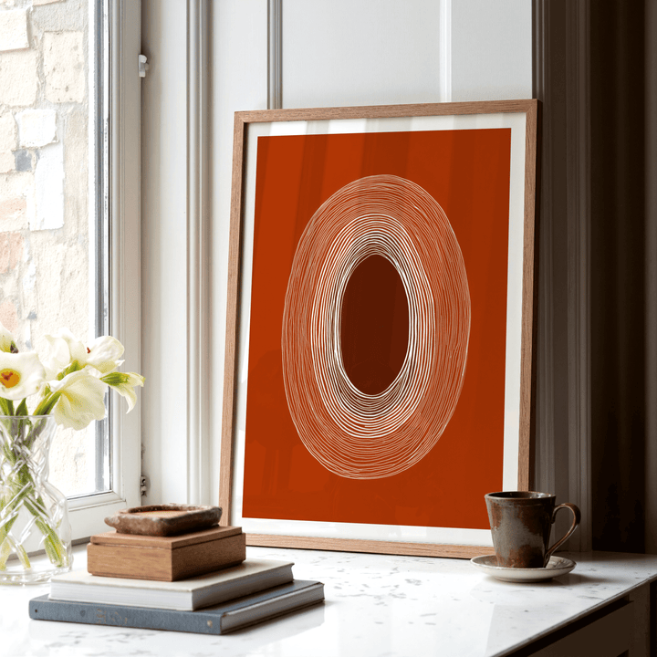 Abstract Line Drawing Poster leaning on a window sill with white flowers and a cup nearby
