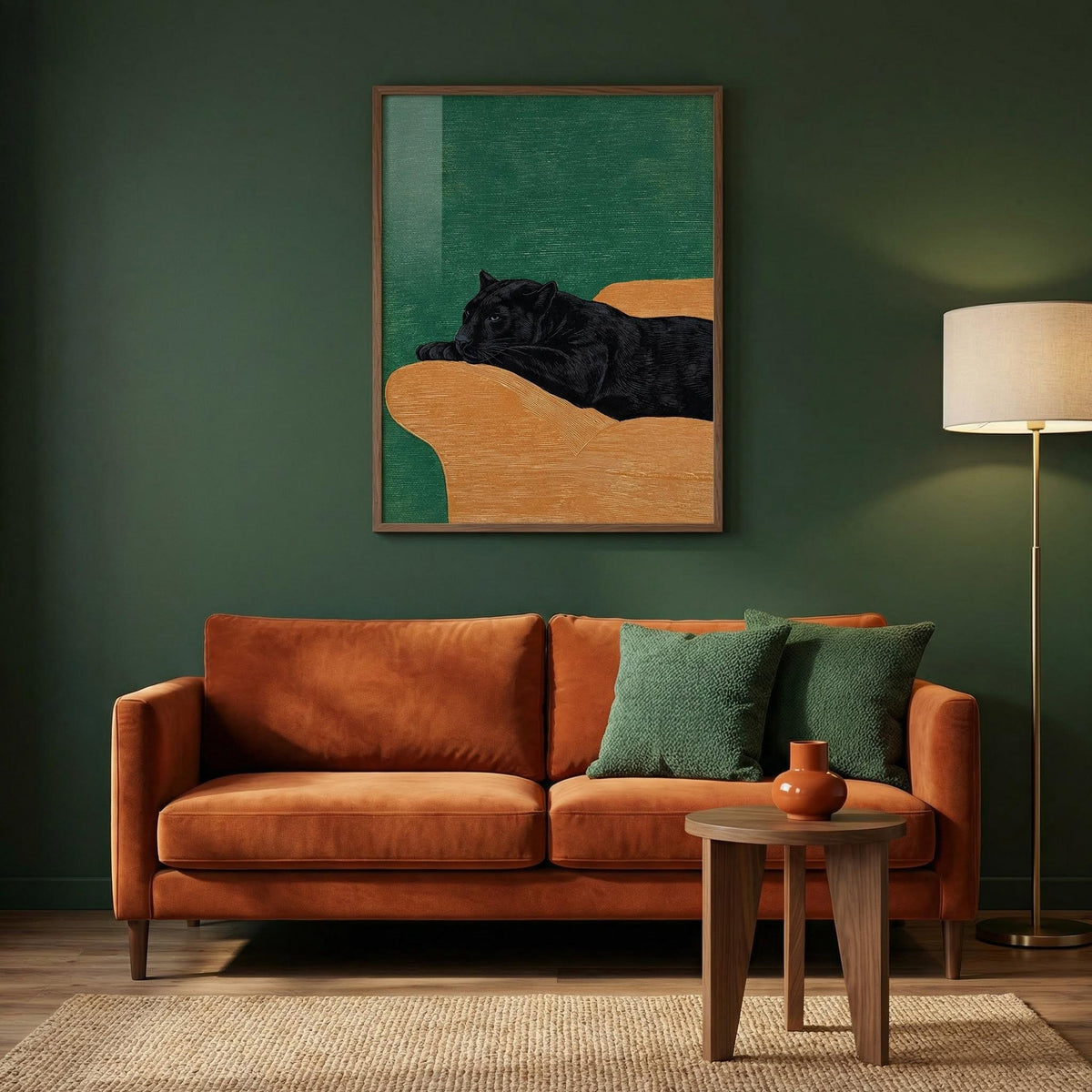 Big Cat Art Print framed on a dark green wall above an orange sofa with green cushions and lamp
