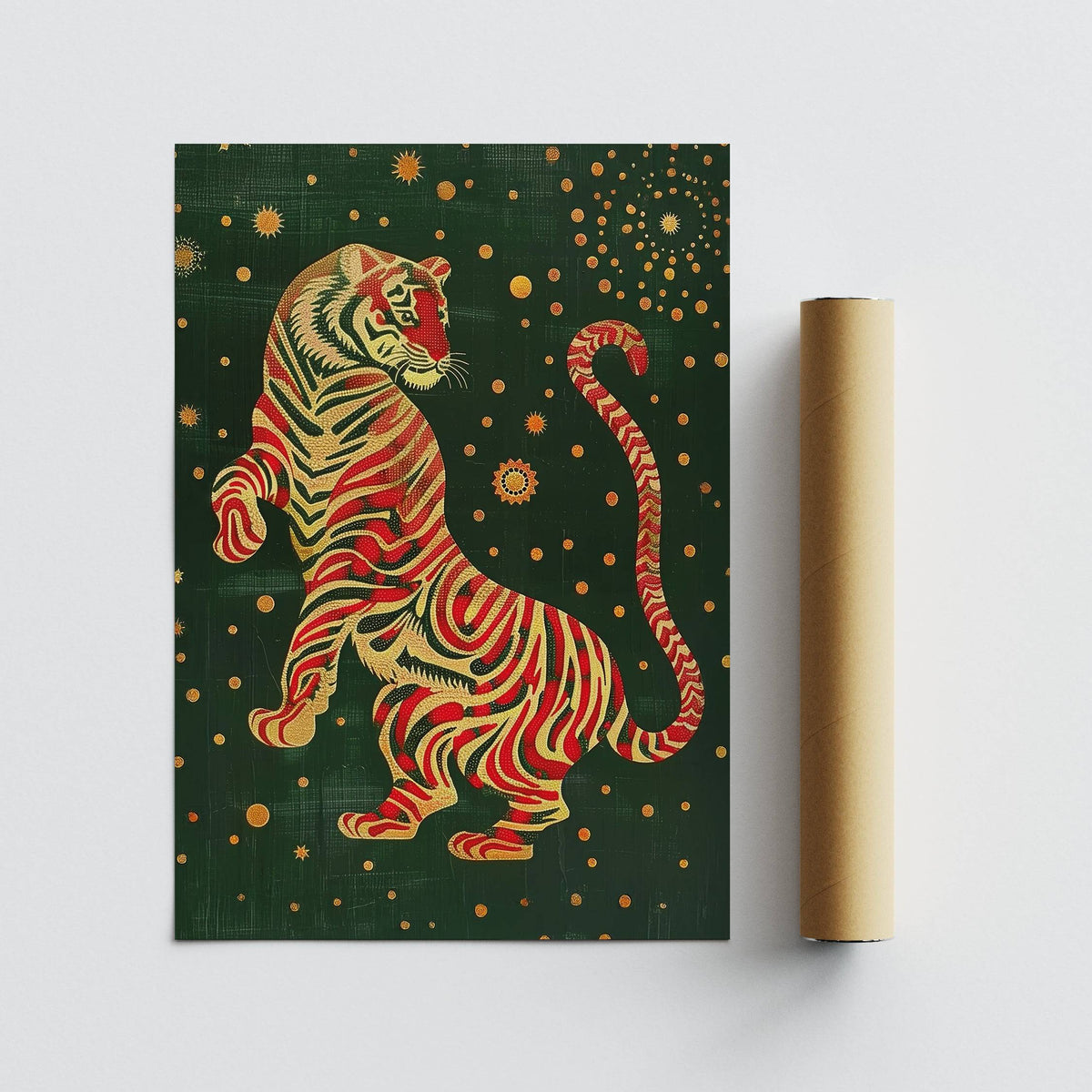 Rolled print next to Majestic Tiger illustration with red and gold details on dark green background