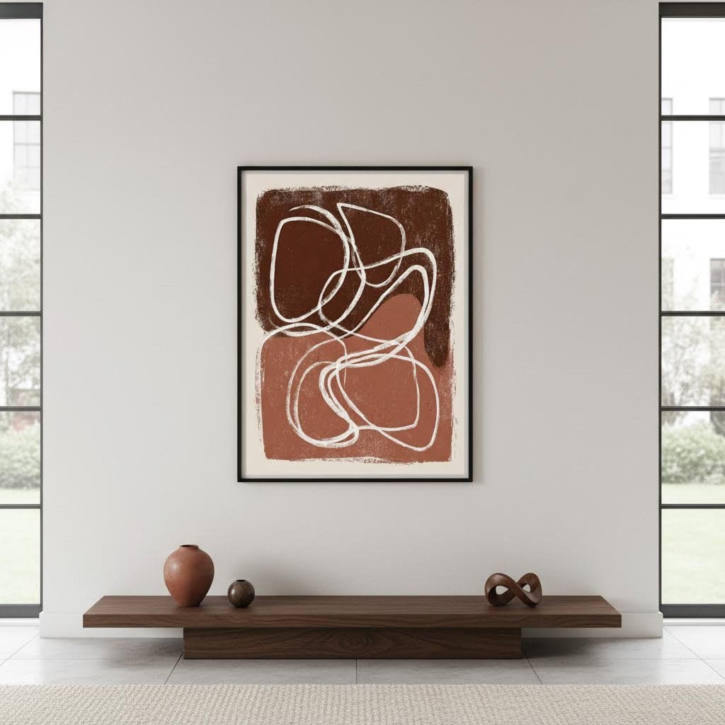 Minimalist Shapes wall art with organic abstract shapes in brown and terracotta above a wooden shelf