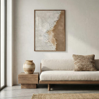 Modern Home Decor print of textured abstract surface in beige and white above a sofa in a living room