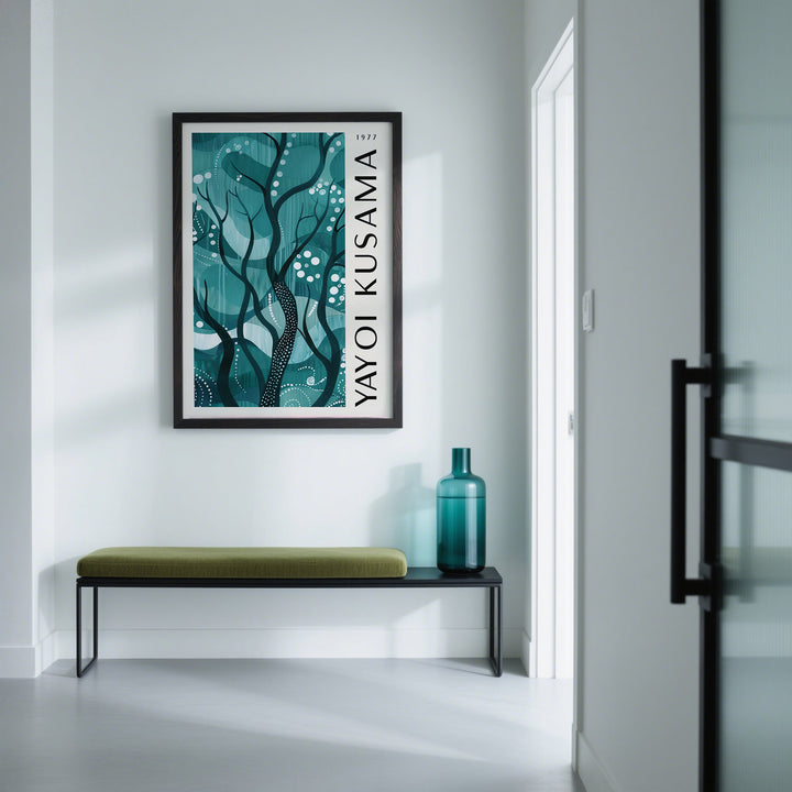 Green Nature Poster print of abstract forest branches in teal and black above a bench with green cushion