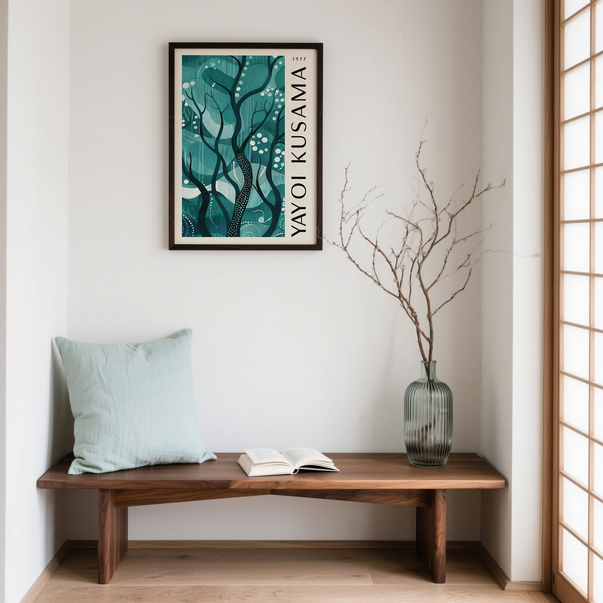 Green Nature Poster of abstract forest branches in green and aqua hues above a wooden bench with a cushion and vase
