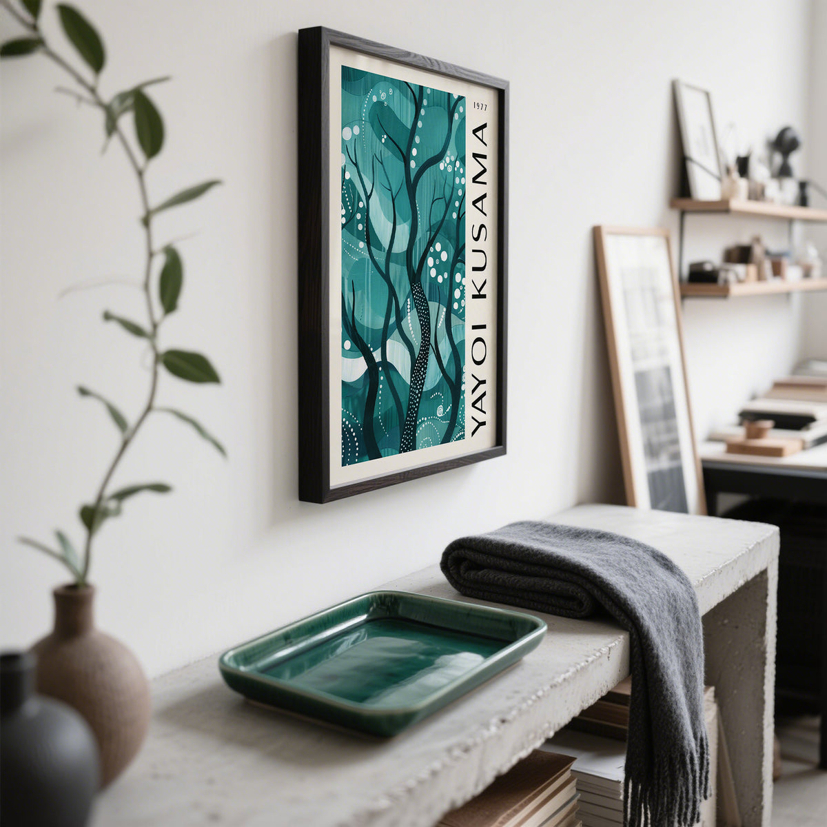 Green Nature Poster framed print of abstract forest branches in aqua tones above a table with a green dish