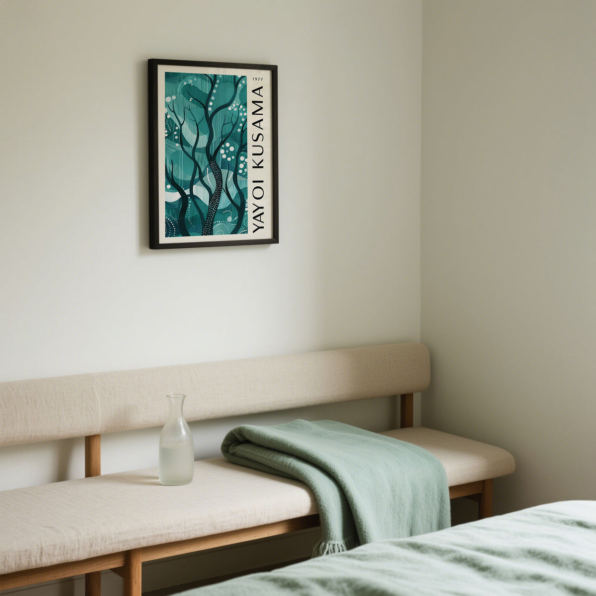 Green Nature Poster framed print of abstract turquoise forest branches above a bench with a folded green blanket