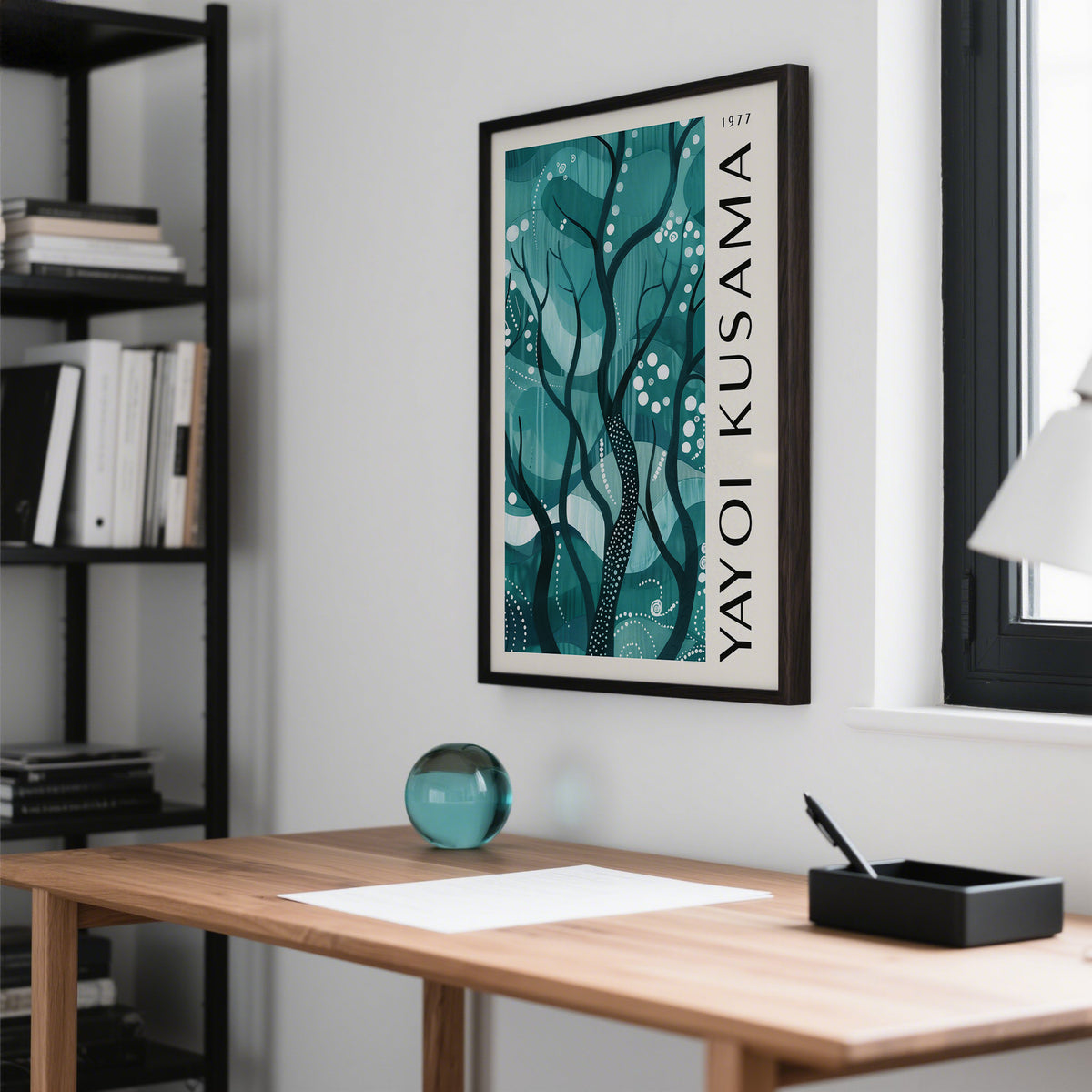 Framed Green Nature Poster with abstract aqua forest branches above a wooden desk