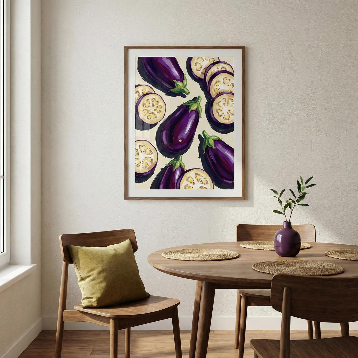 Aubergines Art Print framed print close-up of purple aubergines with green tops in a dining room with a round wooden table and vase
