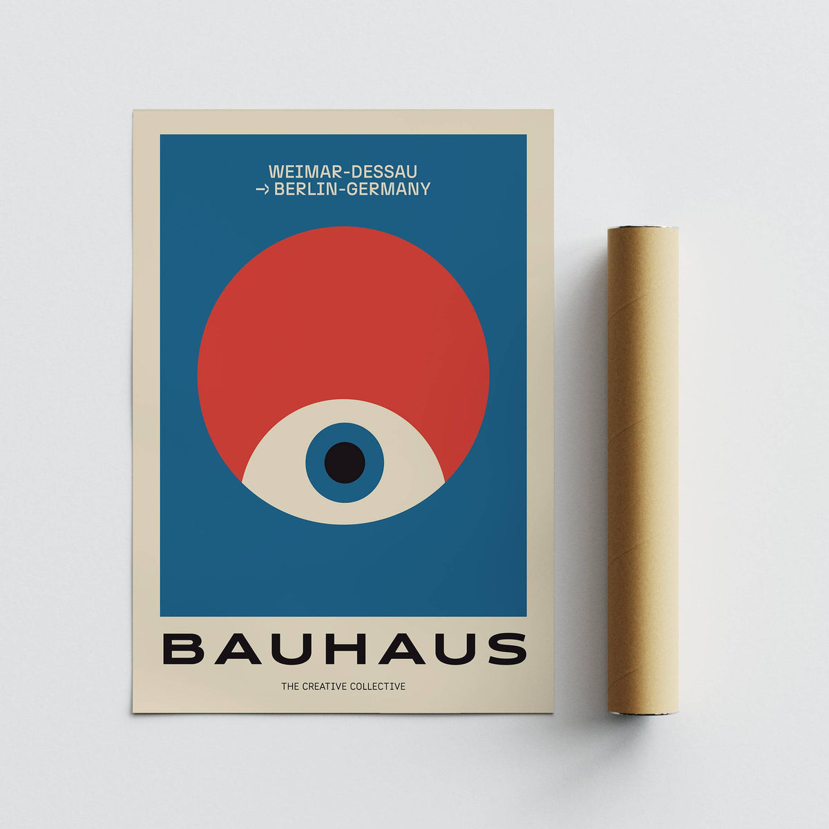Modern Geometric Abstract Art print with blue, red and cream eye design with a packaging tube