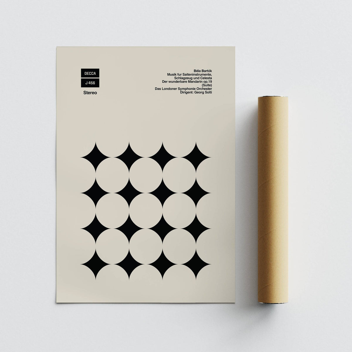 Graphic Art Poster with black star shapes on a light background with a brown packaging tube