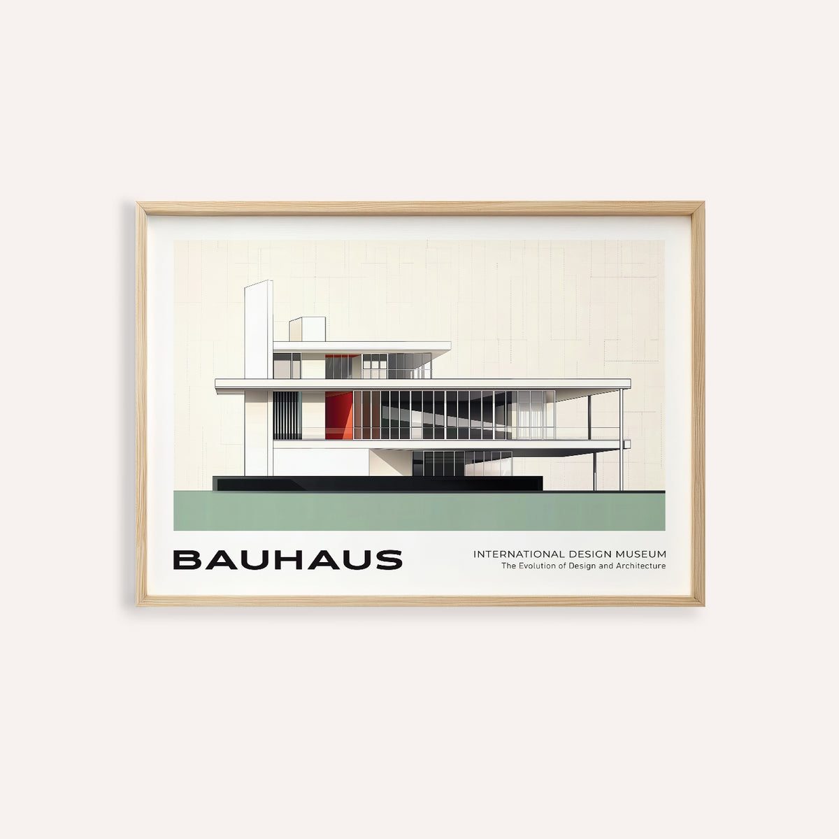 Framed Bauhaus Blueprint wall art showing a minimalist building illustration with white, black and green colours