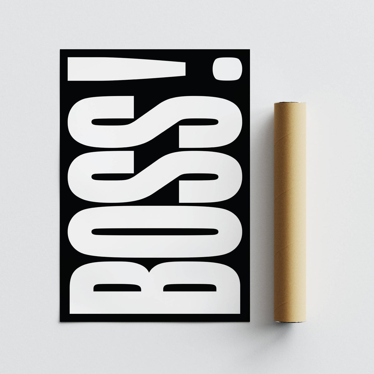 Gift for Boss typography print in black and white flat alongside a brown packaging tube