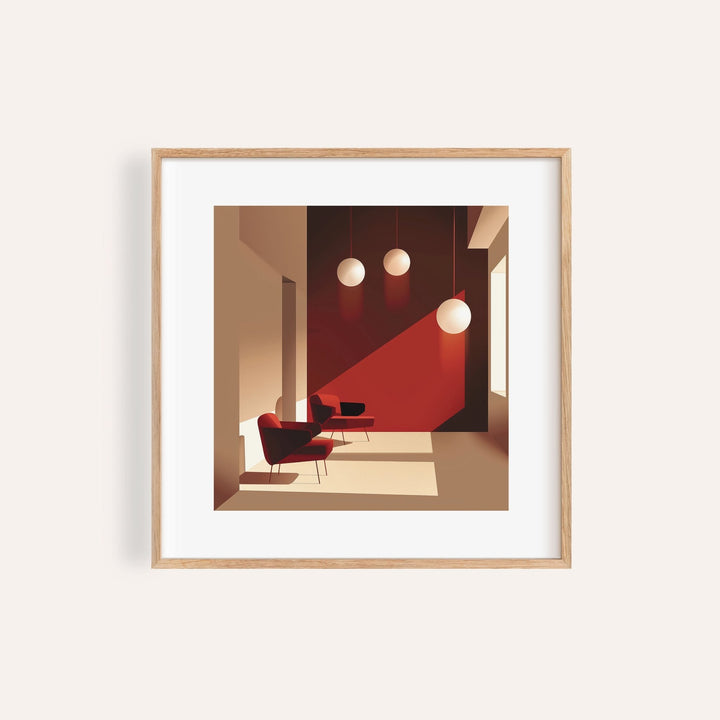 Framed print of a minimalist mid-century modern interior with brown and red tones