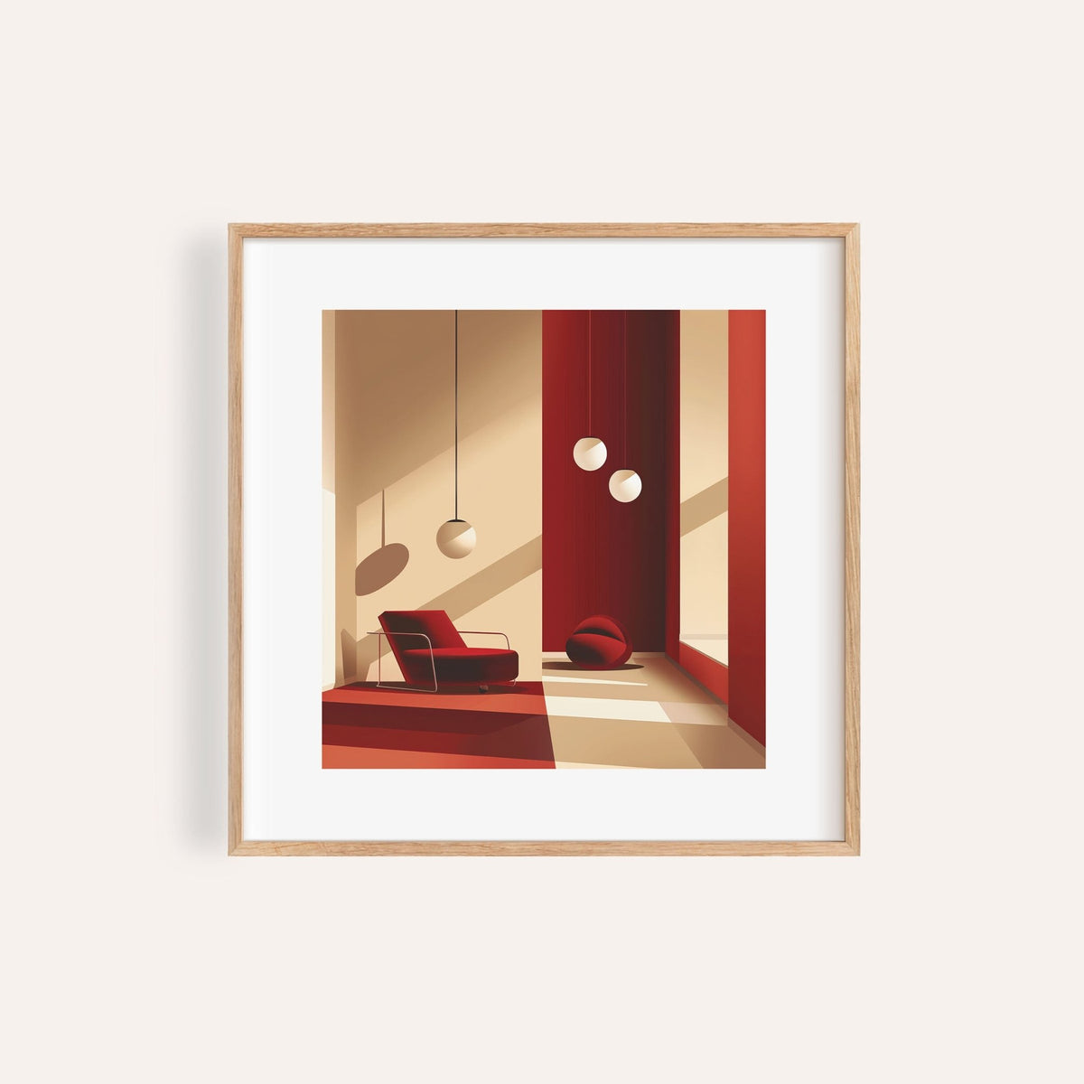 Red wall art of a red modern armchair and light beige shadows in a minimalist interior