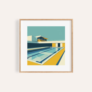 Minimalistic Art framed print of a swimming pool in yellow and blue shades with mid-century style