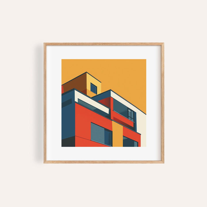 Framed print of modernist building with bold red blue and yellow shapes