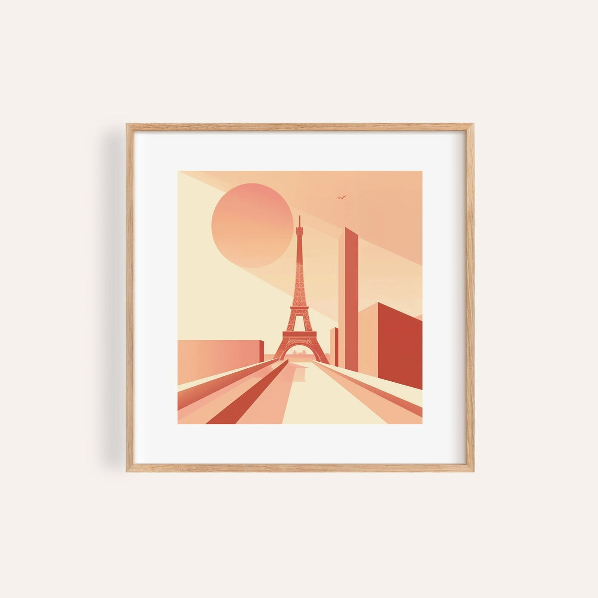 Framed close-up of Eiffel Tower Poster Wall Art in warm orange and beige tones with a round sun
