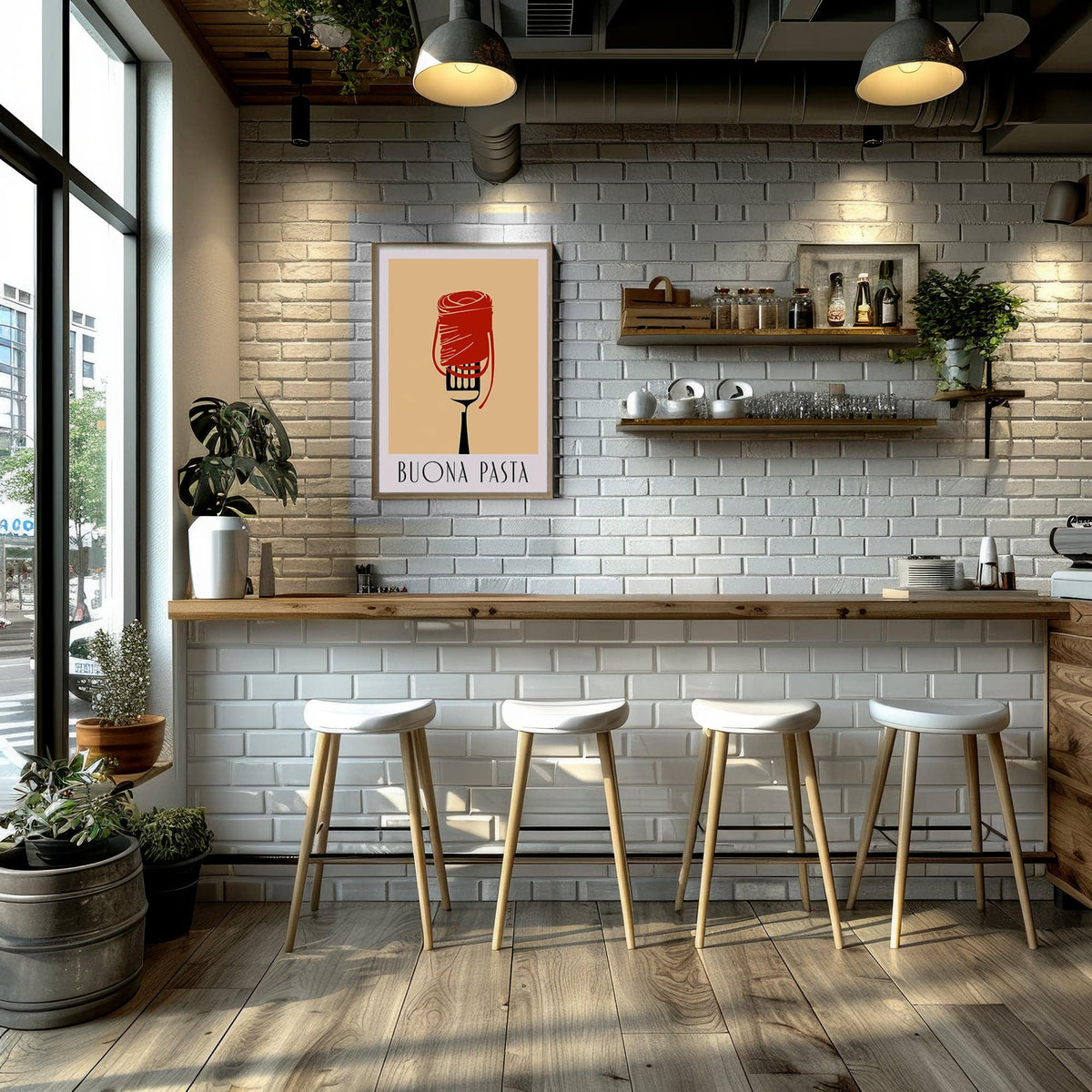 Pasta wall art of pasta on a fork with minimalist orange and beige colours in a bar scene with stools