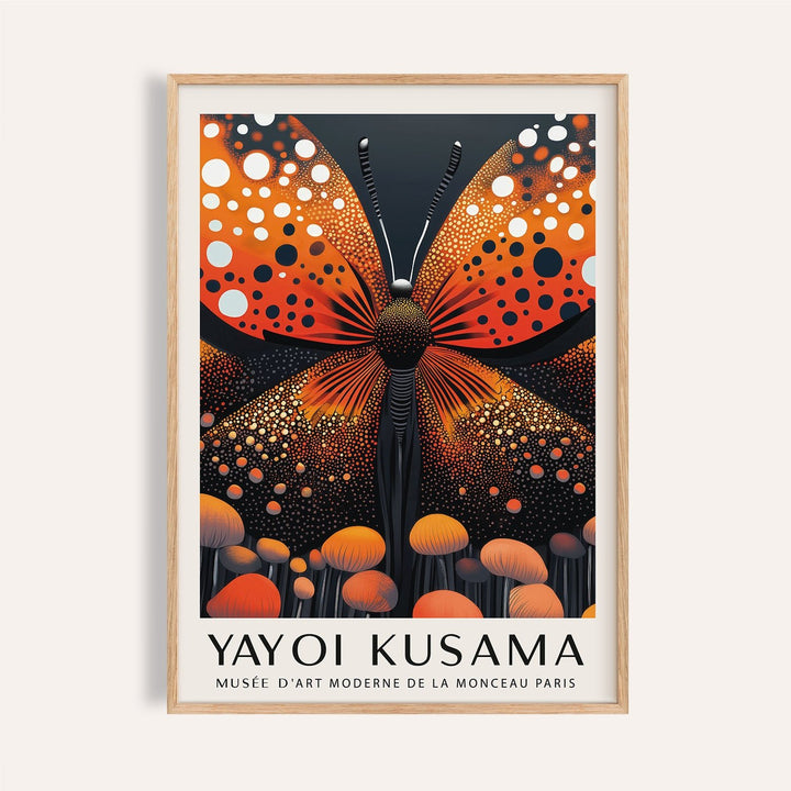 Framed Abstract Butterfly Art featuring a large orange butterfly with dotted wings and mushrooms