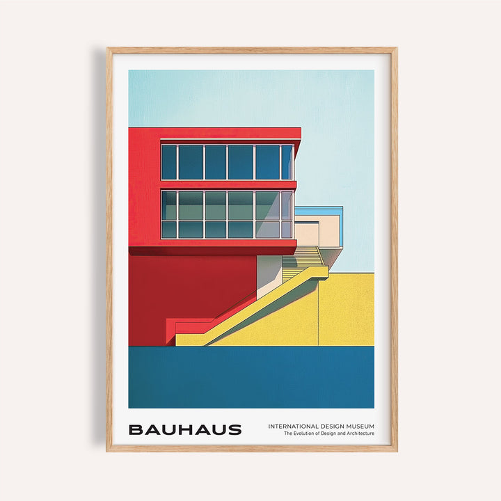 Framed Mid Century Modern Art Print of a bauhaus building with red, yellow and blue blocks