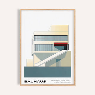 Framed Geometric Mid Century Modern Art showing a minimalist modern building with a red awning and blue grey base