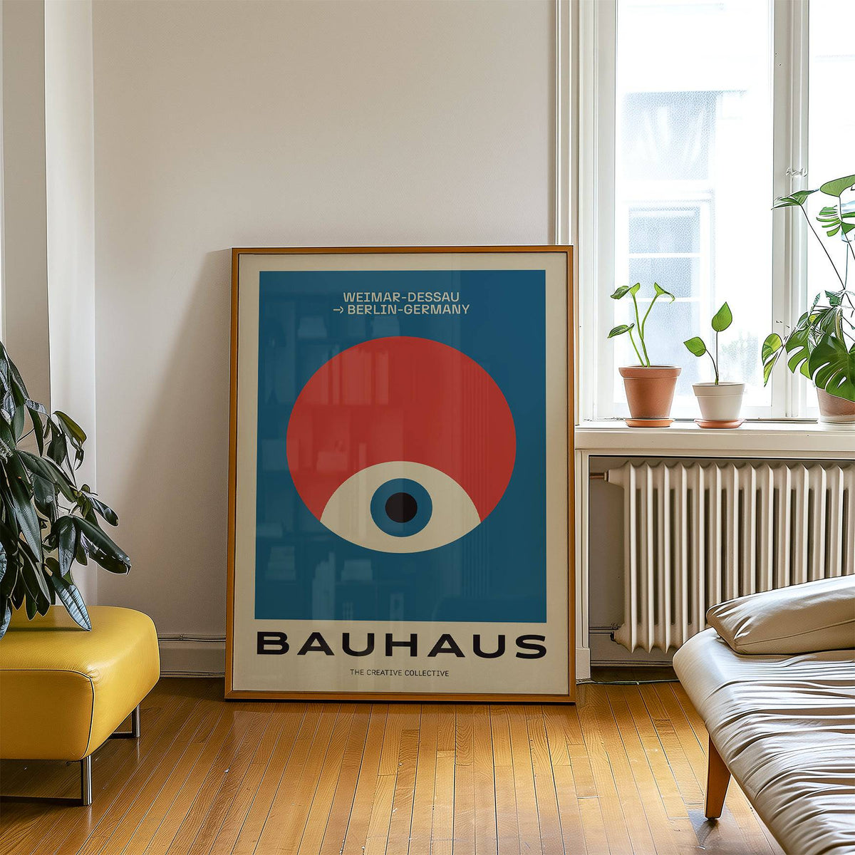 Modern Geometric Abstract Art print leaning on the floor with red, blue and cream colours and plants nearby
