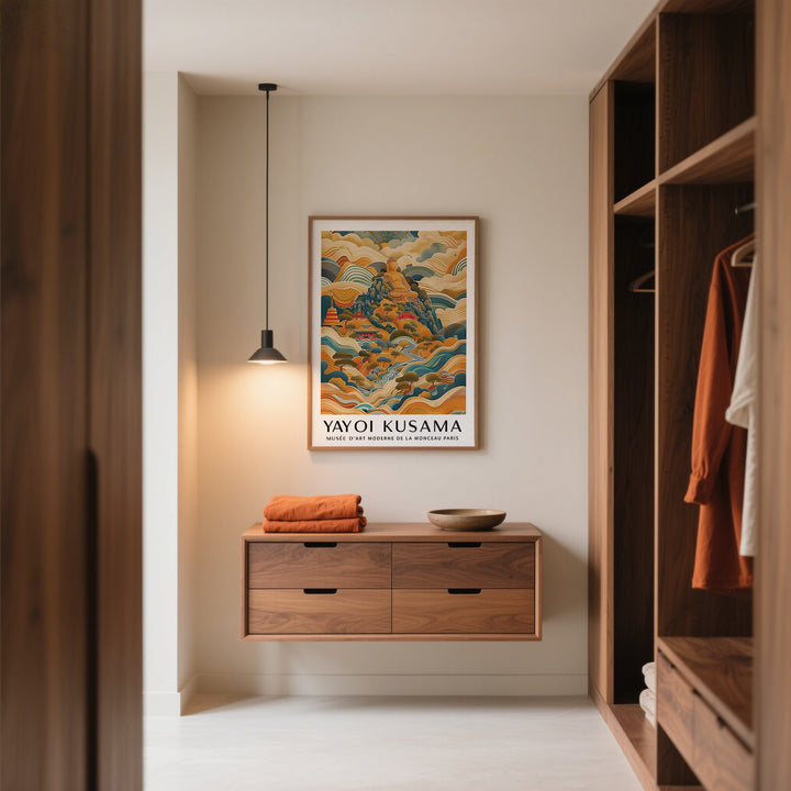 Large Buddha wall art of an illustrated seated Buddha in warm earth tones above a wooden sideboard in a hallway