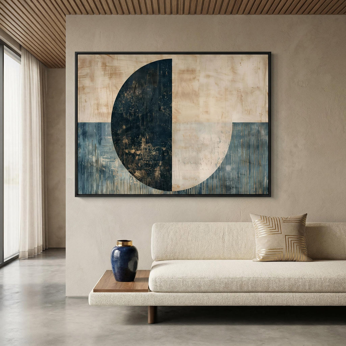 Modern Art Poster framed print of abstract half circle shapes in beige and dark blue above sofa with decorative cushion