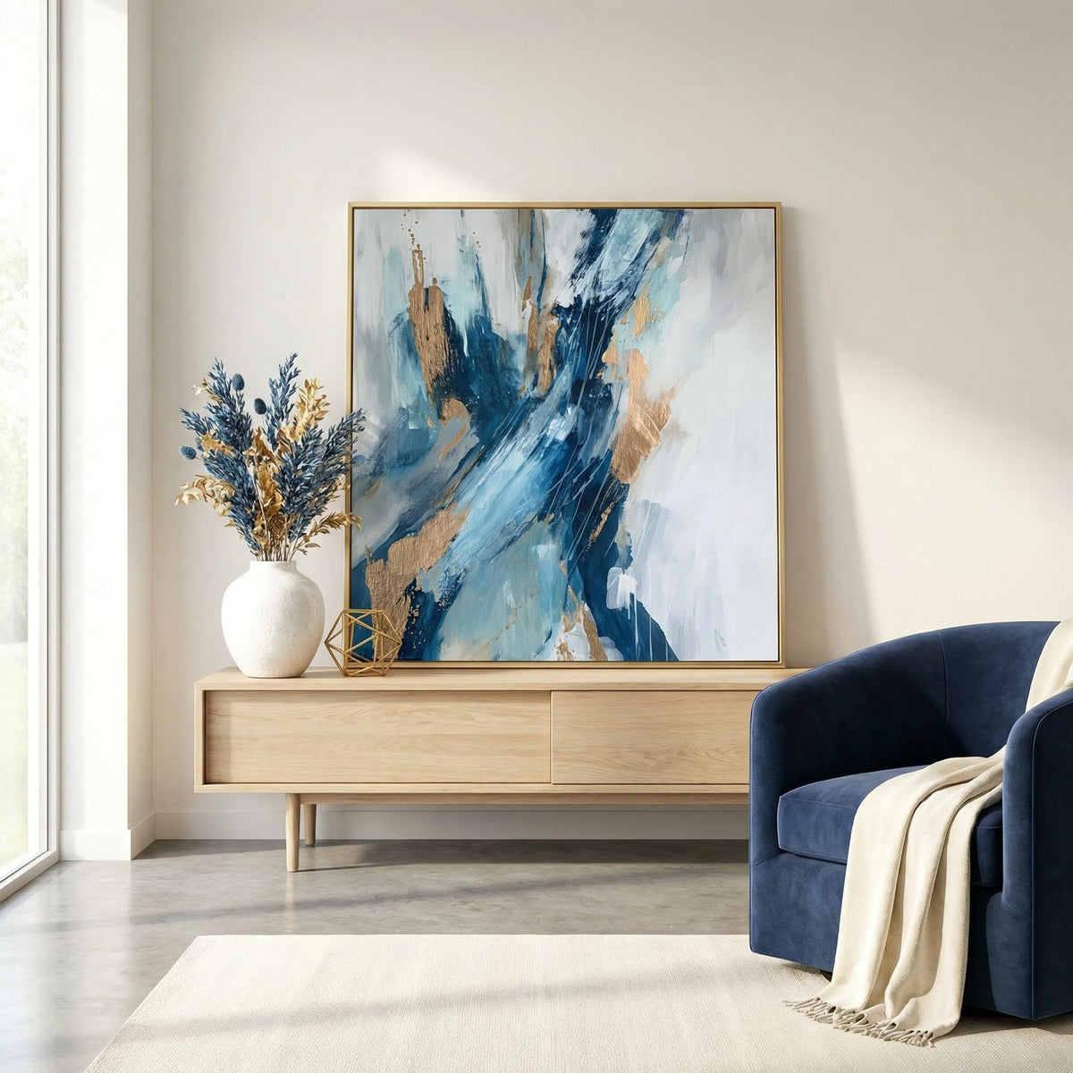 Blue abstract wall art with blue gold splash on a sideboard with vase in a living room