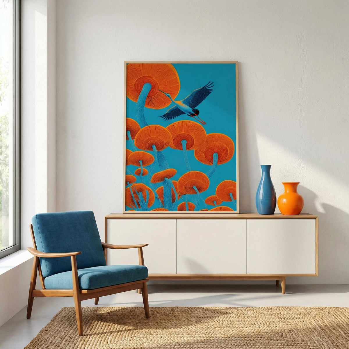 Japandi Bird Print leaning on a sideboard with orange and blue vases in a room