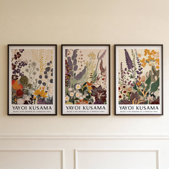 Framed Botanical Gallery Wall Set of botanical floral prints with muted purple orange and green tones