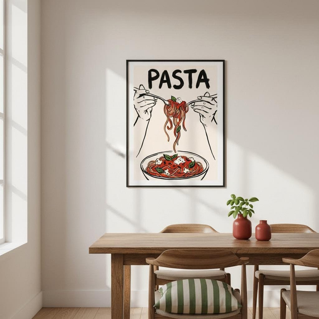 Pasta Art Print in black frame above a wooden dining table with small plants on it in a dining room