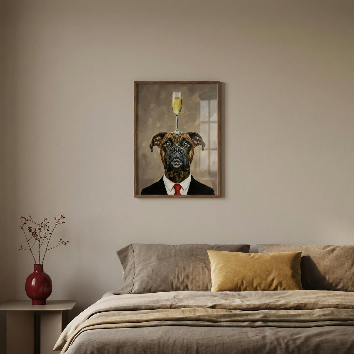 Boxer Dog Poster on a bedroom wall above a beige bed with pillows and a red vase on a side table