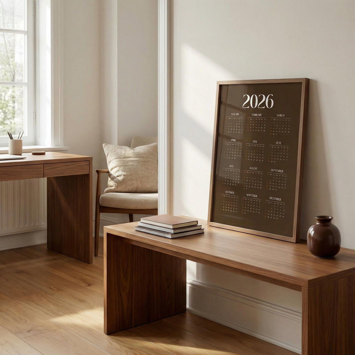 Print leaning on a bench of a 2026 calendar with white text on a brown background and a vase nearby