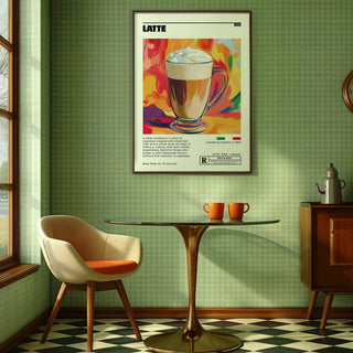 Coffee artwork prints with a latte coffee cup illustration and typographic details in a green kitchen with a table and two orange mugs