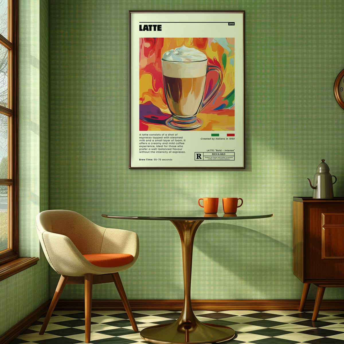 Coffee artwork prints with a latte coffee cup illustration and typographic details in a green kitchen with a table and two orange mugs