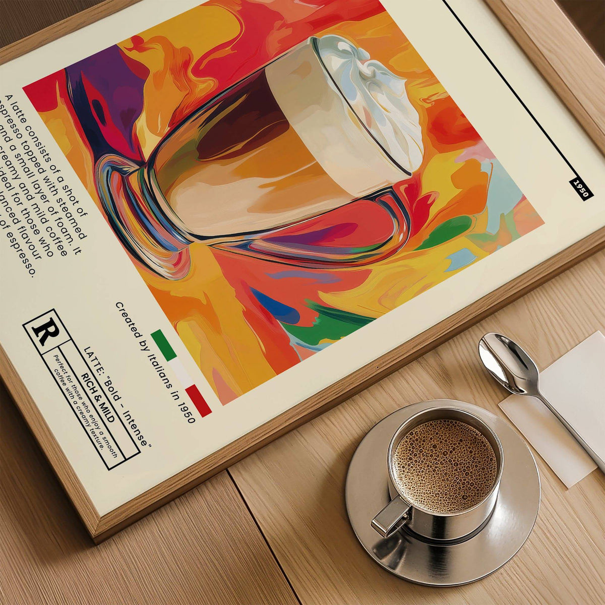 Close-up of Coffee Artwork Prints featuring latte coffee cup illustration with colourful background and text detail