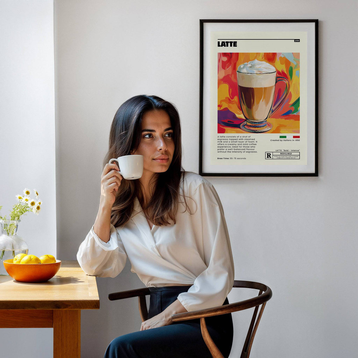 Coffee artwork prints showing latte illustration with colourful background hanging on wall above a woman drinking coffee
