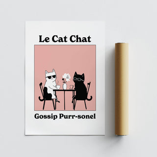 Funny Cat Artwork flat print showing two cats at a table with a flower vase and sunglasses
