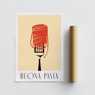 Flat artwork showing Buona Pasta minimalist pasta on fork with beige and red colours beside packaging tube
