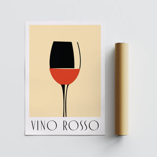 Modern Wine Wall Art print of a minimalist red wine glass with typography next to a brown packaging tube